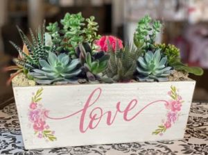 Wooden box with script Love on it filled with succulents.